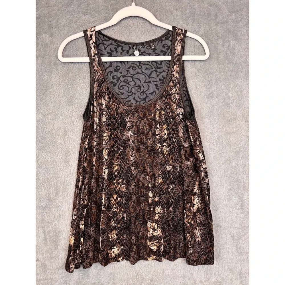 BKE Boutique Womens Brown Burnout Velvet Animal Print Tank Top Metallic Trim M
